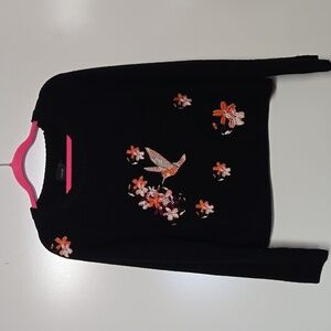 Cliché Long Sleeve Black Sweater w Embroidered Hummingbird & Flowers Sz Large